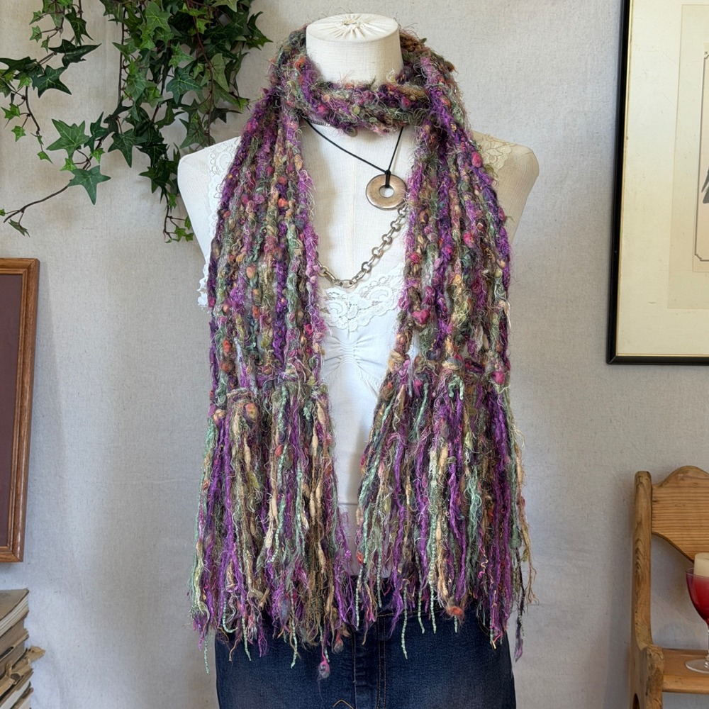 Multicolor Knit Scarf Fringed Whimsygoth Boho OS Braided 90s Shaggy Layering